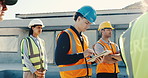 Man, tablet or team on construction site for meeting, service collaboration or typing notes in app. Outdoor, electrician or tech at worksite with group, planning building expansion or task delegation