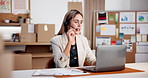 Woman, consultant or laptop with headset in office for online shipping, help or customer service. Female person, logistics or agent talking with computer for small business, CRM or virtual assistance