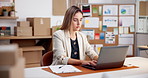 Ecommerce, woman and clipboard with laptop for typing report, data collection and plan distribution. Person, research and checklist in small business with computer, graphs or stats for shipping order