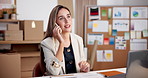 Ecommerce, woman and laptop with phone call for conversation, data update and plan online shop sale. Happy, person and discussion in small business with tech, contact and revenue stats for logistics.