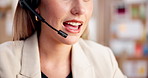 Woman, consultant and mouth with headset in office for virtual assistance or customer service. Smile, female person or agent talking with mic for online communication, CRM help or advice in workplace