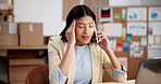 Logistics, laptop and frustrated woman for phone call with stress, talking and delivery delay. Shipping, tech and supplier upset with dropshipping startup, supply chain and distribution failure