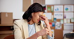 Woman, headache and stress with glasses for eye strain, overworked pressure or logistics in office. Tired, female person or migraine with laptop for bad schedule, delivery delay or freight issue