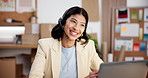 Woman, consultant and logistics with laptop in office for online customer service, CRM or schedule. Female person, agent or headset with computer for virtual assistance or small business shipping