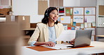 Woman, consultant and documents with laptop in office for online customer service, CRM or schedule. Female person, agent or headset with paperwork for virtual assistance or small business logistics