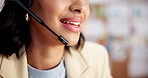 Woman, agent or mouth with headset in office for virtual assistance, CRM or customer service. Smile, female person or consultant talking with mic for online communication, help or advice in workplace