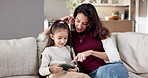 Daughter, mother and searching on phone in home living room for social media help or safety. App, relax and scrolling with single parent woman teaching girl child how to browse internet as family