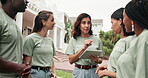 Community service, discussion and volunteer with tablet, outdoor and explain task assignment on web. Charity, team and happy people with tech, social responsibility and conversation with NGO schedule