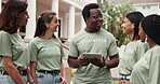 Community service, volunteer and happy with tablet, outdoor and explain task assignment on website. Team, laughing and people with technology, social responsibility and discussion with NGO schedule