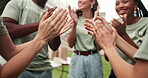 Volunteers, team and hands outdoor with clapping, support and motivation for donation campaign. Happy people, diversity or charity group with applause, encouragement or solidarity for welfare project