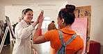 Artist, happy woman and high five for painting class, positive feedback and artistic progress. Support, canvas and instructor with check in for art workshop, praise shading and celebrate masterpiece