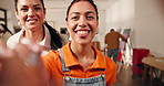Face, woman and artist in painting class with advice, creative guidance and shading technique. POV, happy student or instructor feedback on canvas composition, color mixing or perspective in workshop