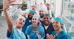 Team, selfie and happy doctors in hospital for social media, online post and update for about us. Healthcare, clinic and people for picture, photo and memory for surgery success and medical website