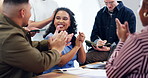 Woman, laptop and feedback with applause in office, positive team evaluation and support. Group, leader and happy with clapping in meeting, notes or online review for collaboration success at startup