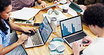 Laptop, graph and team with business people in office for performance metric, research stats and screen. Marketing data, target audience poll and planning with employees in agency for startup