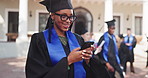 Graduation, happy and woman with phone at college for news, text and social media update for success. University, graduate and student on cellphone for message for education, learning and study goal