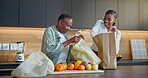 Family, unpacking and women with grocery in home, together or bonding with senior mother in kitchen. Black people, happiness and elderly parent with shopping bag, fruit and healthy food in house