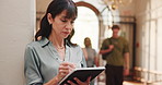 Teacher, writing and woman with paperwork in hallway for attendance, report and student grades. School, hands and lecturer with documents, checklist and exam for curriculum, college and education
