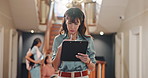 Walking, lecturer and woman with clipboard in college for attendance, report and student grading. School, hallway and teacher with documents, checklist and exam for curriculum, survey and education