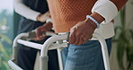 Help, cane and hands of nurse with senior woman in home for support, guide and assisted living. Retirement, walking and caregiver with elderly patient for balance, mobility and aid for movement