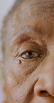 Face, closeup and old woman with eye test for optometry evaluation, optical health and appointment. Senior person, eyesight exam and checkup in medical clinic for glaucoma, ophthalmology or wellness.