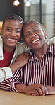 Hug, care and senior mother with happy woman in home, black family and laughing together for love. Adult daughter, elderly parent and face with smile in house, embrace or support for connection