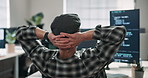 Stretching, man and programmer in office with computer, running code or problem solving in project. Coder, cybersecurity or back with tech for software development, review script or finished deadline