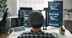 Back, man and programmer in office with computer, running code and problem solving in project. Coder, cybersecurity and employee with tech for software development, review script and troubleshooting