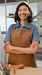 Pottery, face or happy woman in workshop with arms crossed, clay artist or owner of creative startup. Laugh, ambition and artisan with confidence, crafts production or about us in sculpture business.