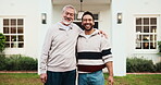 Home, father and adult son with smile for family property, real estate or retirement inheritance. Portrait, dad and happy man with hug, support or love for financial investment, security or safety
