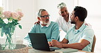Happy, people and reading in home with laptop, online banking and payout statement of retirement. Adult son, old parents or talking at house with pc, finance records and person application for rebate
