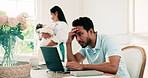 Laptop, research and businessman in home with remote work for web development review with freelance. Technology, family and software engineer with email feedback frontend project in apartment.