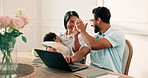 Parents, baby and high five in home with laptop, smile and success for family insurance application. Happy people, mom and dad at dining table with child, computer and celebration for policy cover.