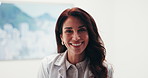 Happy, woman and face of doctor in hospital with confidence for career in healthcare support. Smile, professional and portrait of medical director with pride for about us or job opportunity in clinic