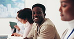 Face, man and happy in business seminar for staff training, employee education and job upskill. Office, person and smile in workshop for workplace learning, professional development and career growth