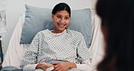 Visit, hospital and woman with senior mom in ward for conversation, bonding or care in morning. Checkup, talking and elderly mother with patient for family support in clinical bed at consultation.