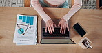 Freelancer, home and hands with laptop, graphs and research for ad campaign and marketing strategy. Remote work, paperwork and person with tech, above and social media specialist with stats in house