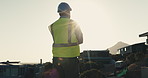 Thinking, hardhat and construction worker on site by flare for inspection of building, repairs or renovation. Helmet, man and civil engineer planning or ideas for property development or remodeling.