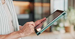 Remote work, scroll and hands with tablet in home, online and check email and feedback for article. Creative, writer and person with tech, freelance or browsing social media for project update on web