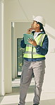 Engineer, thinking and woman with tablet on construction site, walking and research for renovation. Civil engineering, decision and person with tech, inspection and property development in building