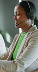 Talking, headset and business woman in call center for financial aid, faq service and contact us. Person, coworking and finance advisor on tech for consulting, assistance and help for digital banking