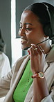 Happy, headset and woman in call center for consulting, telemarketing and customer service. Office, coworking and person with mic for contact us, faq agent and virtual assistance for crm support