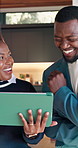 Realtor, people and laugh with tablet in office for property development, report or proposal. African man, happy woman and broker with tech for valuation, conversation and app at real estate agency
