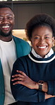 Real estate, happy or team in home with face, property seller or about us in commercial industry. Synergy, people or realtor staff with arms crossed, leasing agent or confidence in housing market.