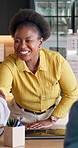 Interview, woman and smile with handshake in office for promotion, internal vacancy or welcome. Partnership, HR manager or candidate shaking hands for performance review, contract renewal or hiring