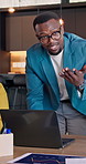 Meeting, laptop and business people with discussion for finance, analytics or project budget. Group, employees or analyst talking with team or computer for company statistics or revenue in workplace