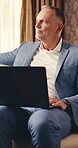 Remote work, thinking or man in hotel with laptop, funding  proposal or reflection in budget review. Smile, freelance or mature finance advisor with tech, risk evaluation or investment idea for pitch