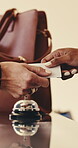 Hotel, guest and receptionist at front desk with card, check in or reservation for vacation stay. Hospitality, concierge service and woman with access key for accommodation, booking or holiday resort