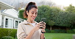 Happy, woman and browsing in backyard with phone, check social media and text message notification. Mature person, smile and outdoor by home with tech, connectivity and mobile app for online chat.