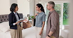 Couple, talk and viewing in home with realtor, consultation and help buyer with property investment. Married people, discussion and tour in bedroom with real estate agent, tablet and house hunting.